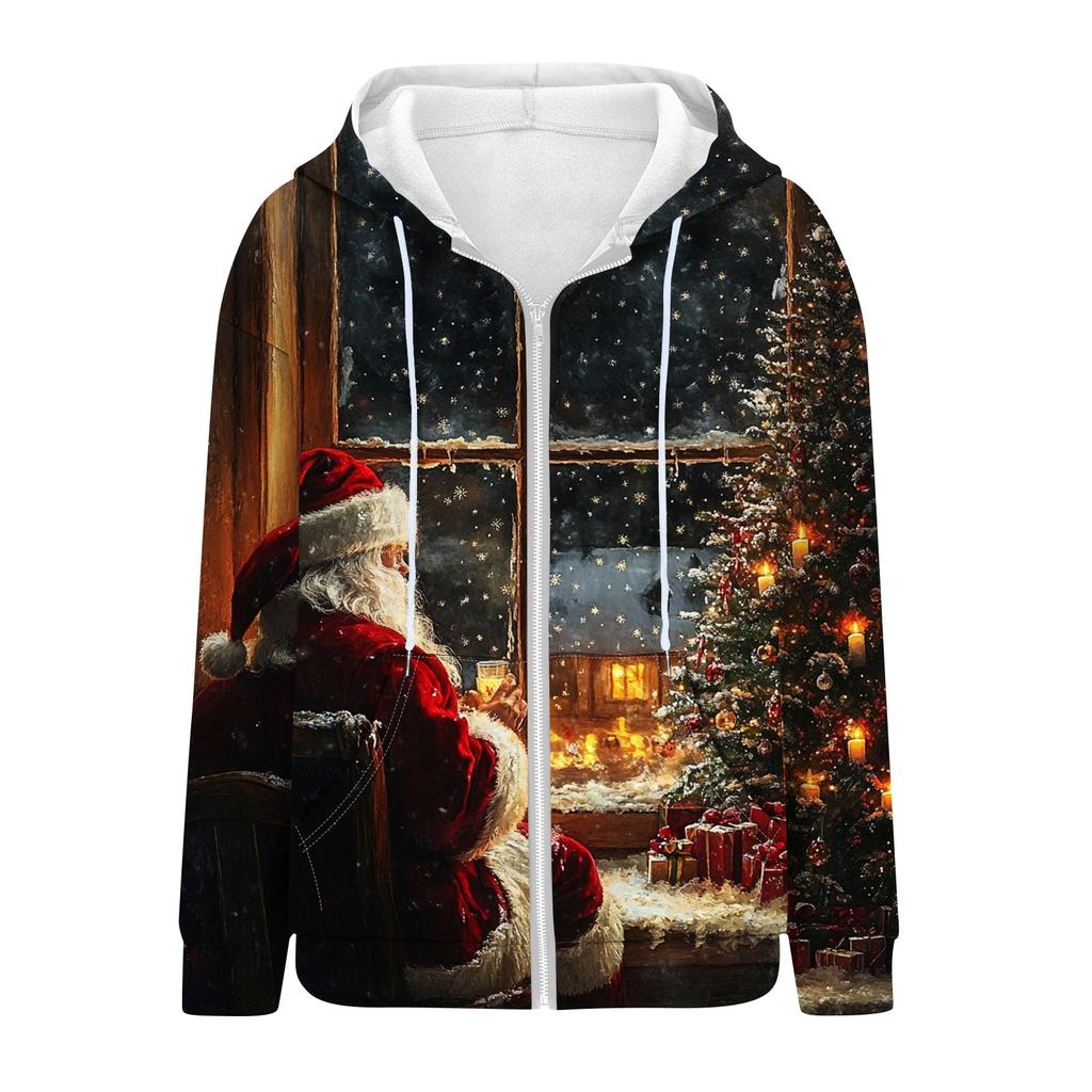 Women's Christmas Printed Sweatshirt Autumn Winter Long Sleeve Cardigan Jacket With Pockets Zipper Hoodie Outerwear