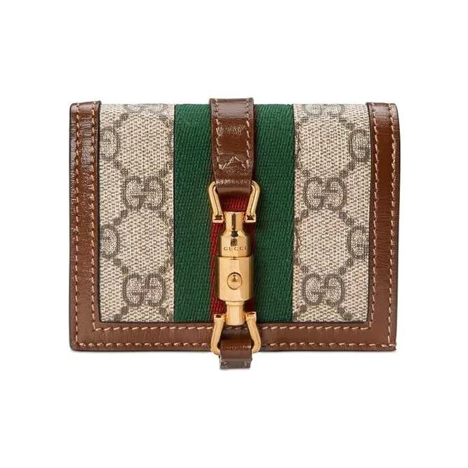 GUCCI Jackie 1961 Gold Lock Monogram Double-Fold Design Canvas and Leather Clutch Bag Wallet Card Holder Small Women's Green Brown