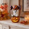 Window Sill Decoration Halloween Ghost Figurine, Cute Sitting on Pumpkin Holding Candy Figurine Statue, Spooky Resin Table Ornament for Indoor Mantle