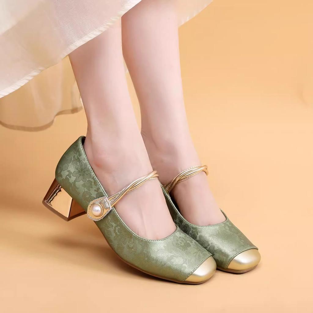 Single Shoes Women's New Summer Comfortable Medium Heel Mary Jane Shoes Soft Sole Soft Surface Thick Heel with Skirt