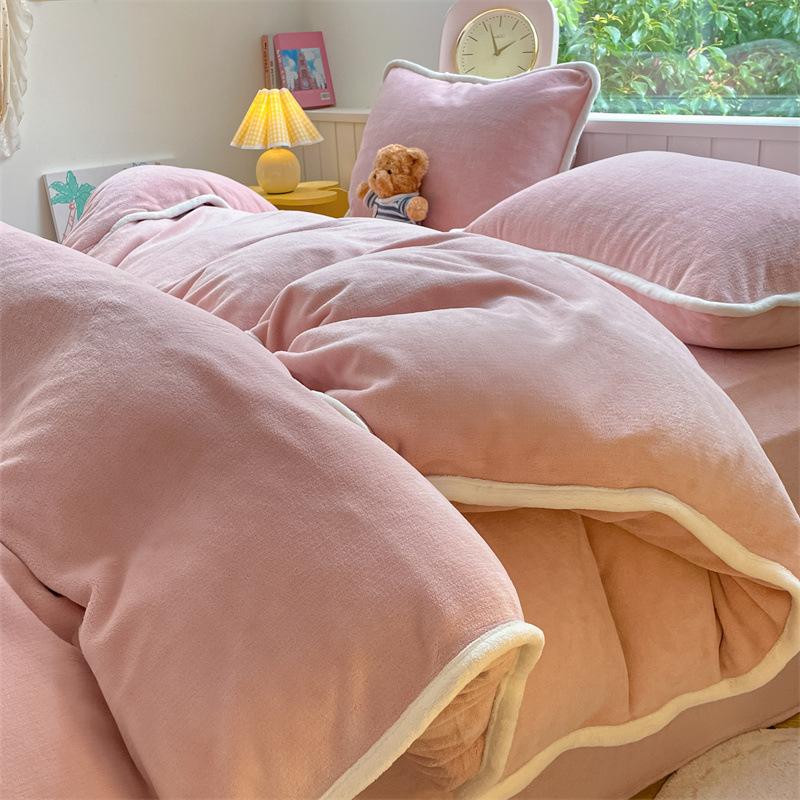 Thickened Milk Fleece Four-Piece Set, Solid Color Coral Fleece Bed Sheet Quilt Cover, Fleece Bedding Three-Piece Set