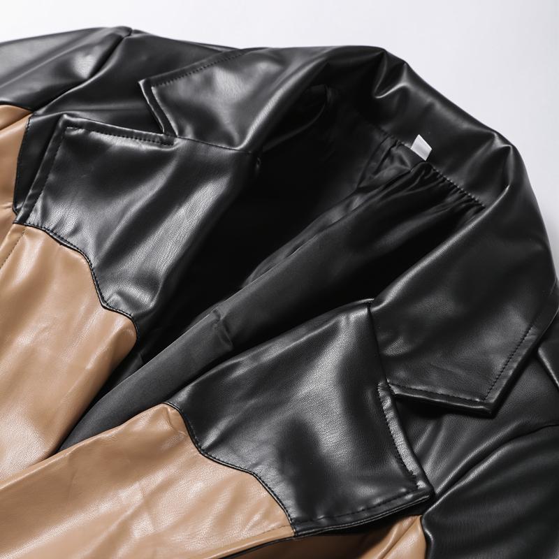 Контрастная кожаная длинная женская куртка со шнуровкой на лацканах с длинным рукавом, женская макси-куртка из искусственной кожи, осенне-зимнее уличное женское пальто с карманами