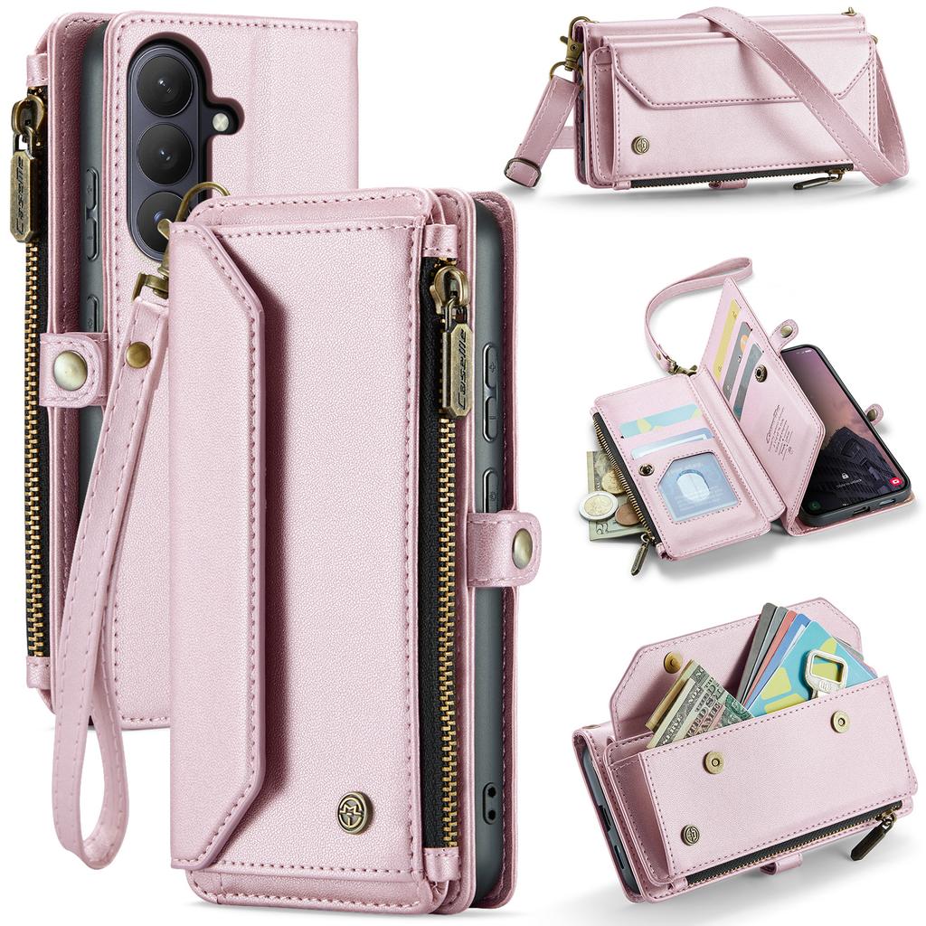 For Samsung Galaxy S26 Leather Case CASEME C36 Zipper 10 Card Slots Phone Cover with Straps