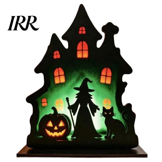 Black Cat Halloween Ornament Witch Wooden Table Centerpiece, Spooky Castle Standing Durable Silhouette Tabletop for Party, Desk Tiered Tray