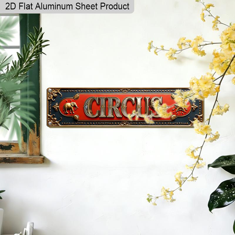 2D Flat 1pc Vintage Circus Aluminum Decorative Sign "CIRCUS" with Elephant & Star Embossed Border Steampunk Red Metal Wall Plaque 15.7x3.94 Inch—
