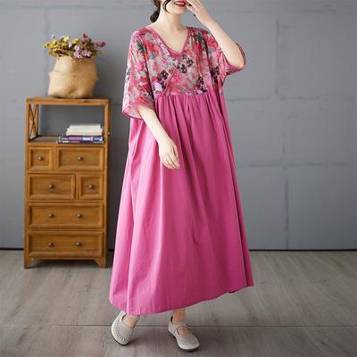 2025 Летнее платье больших размеров, винтажное женское повседневное льняное платье, свободное базовое цветочное длинное платье макси