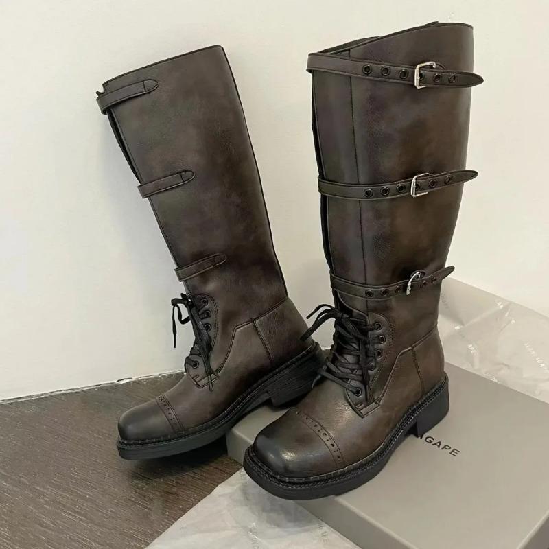 Новые осенние винтажные сапоги 2025 года Женские ковбойские сапоги в западном стиле Дизайнерские сапоги на среднем каблуке Слипоны Длинные кожаные сапоги-рыцари Кавалерийские сапоги