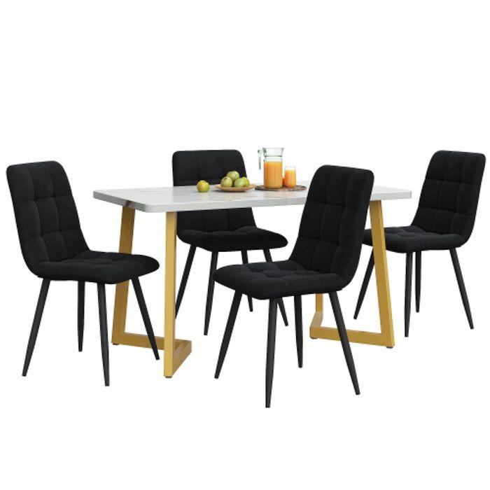 Table de salle à manger - 117 cm - 4 chaises en velours noir - Pieds dorés - Design moderne