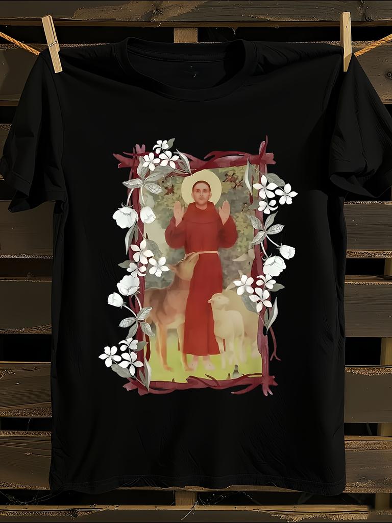 Vintage St Francis of Assisi Catholic Saint T-Shirt Mens Tshirt Womens Tshirts with Letters Print Short Sleeves T-Shirt Casual Street Tee Shirt Top