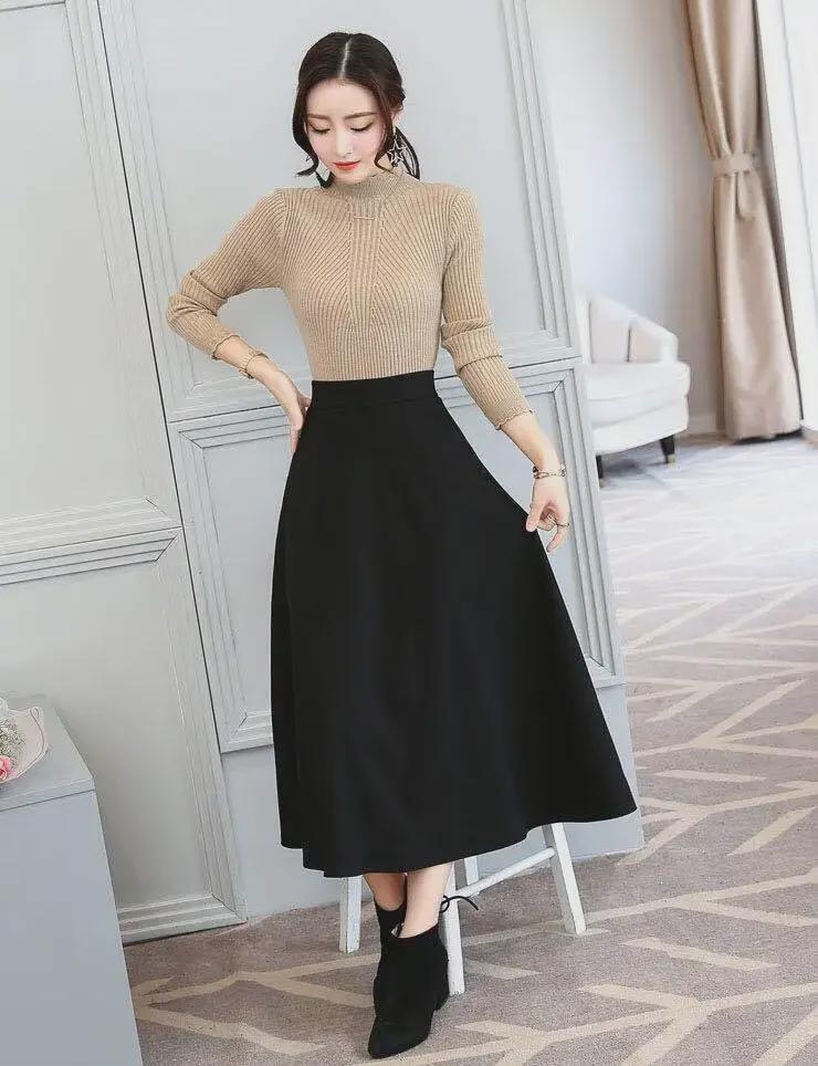 Юбка средней длины с высокой талией в корейском стиле для женщин на резинке