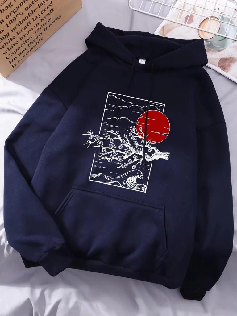 2025 Женские толстовки с принтом японской сакуры Зимние флисовые теплые свитшоты Повседневные с карманами Уличные свободные для женщин