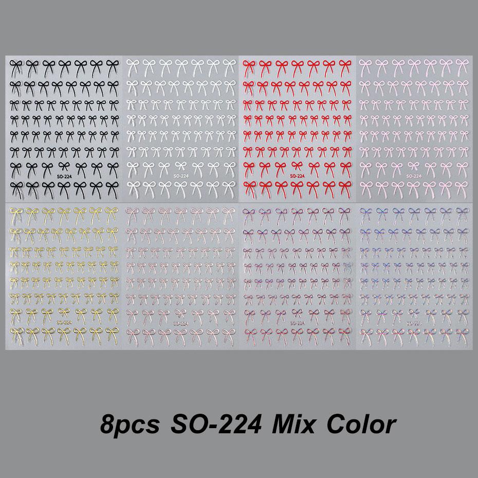8pcs Mixed Bow Nail Art Stickers 3D Cute Red Black Pink Bowknot Nail Charms Foils Gold Laser Effect Bow Manicure Decor