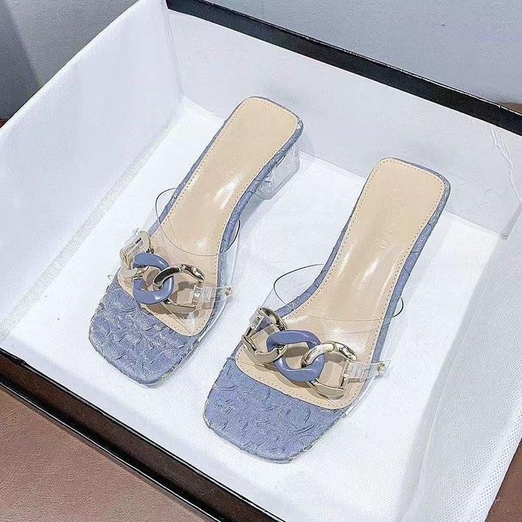 Internet celebrity sandals women wear thick heels in the summer of 2025 new super fire mid-heel fairy wind leak toe transparent high heels