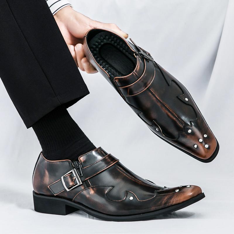 Trendy New Men's Pointed Punk Rivet Patent Leather Monk Strap Shoes Designer Formal Wedding Dress Homecoming Footwear Zapatos