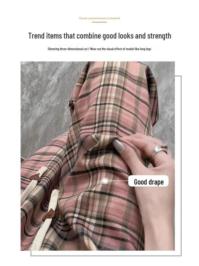 Pink Plaid Wide-Leg Pants for Petite Pear-Shaped Women - Slim Fit, Loose Straight-Leg, Floor-Length for Spring/Autumn