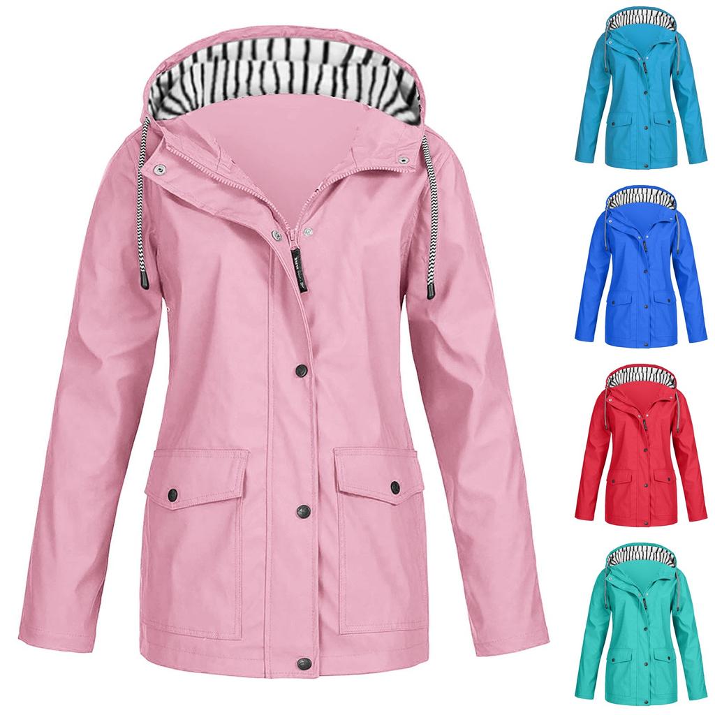Women Solid Stripe Rain Jacket Outdoor Plus Waterproof Hooded Raincoat Windproof