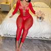 Sexy Hollow Lingerie Red Mesh Pajamas Long Sleeves Backless Tights