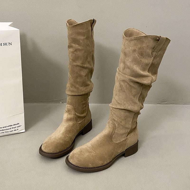 Elegant Retro Belt Buckle Boots Women's 2025 Autumn French Maillard Leather Boots Western Cowboy Fashion Boots Tide