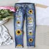 Women's Blue Flower Printed Stretch Jeans High Waist Trousers Patch Ripped Destroyed Denim Pants Skinny Pants