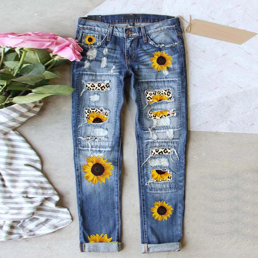 Women's Blue Flower Printed Stretch Jeans High Waist Trousers Patch Ripped Destroyed Denim Pants Skinny Pants