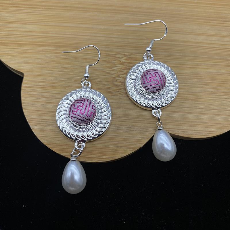 [Fabric] Mongolian earrings women's characteristic ethnic style short earrings, zinc alloy silver-plated, imitation silver earrings
