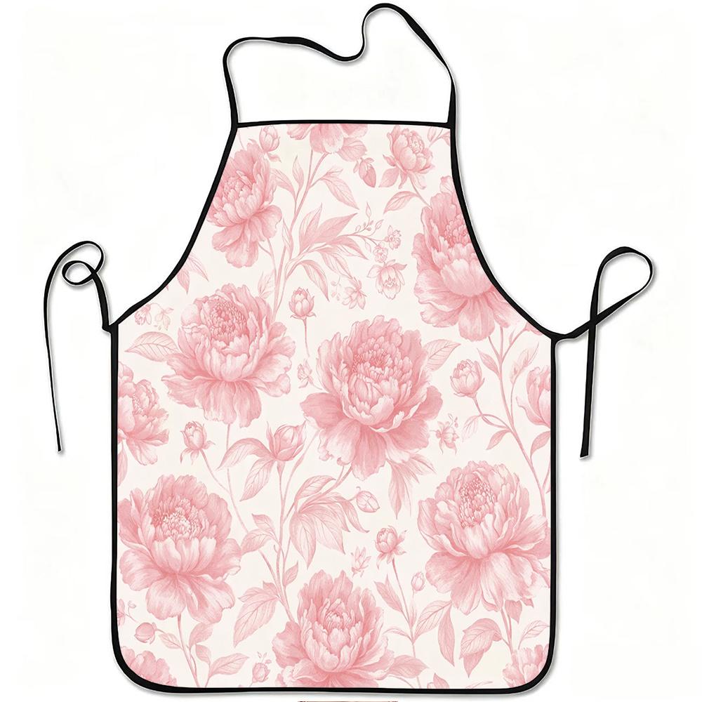 1pc Pink Peony Floral Print Apron, Durable And Easy to Clean, Adjustable Waistband, Polyester Material, for Kitchen Cooking, Gardening, Orchard Pickin