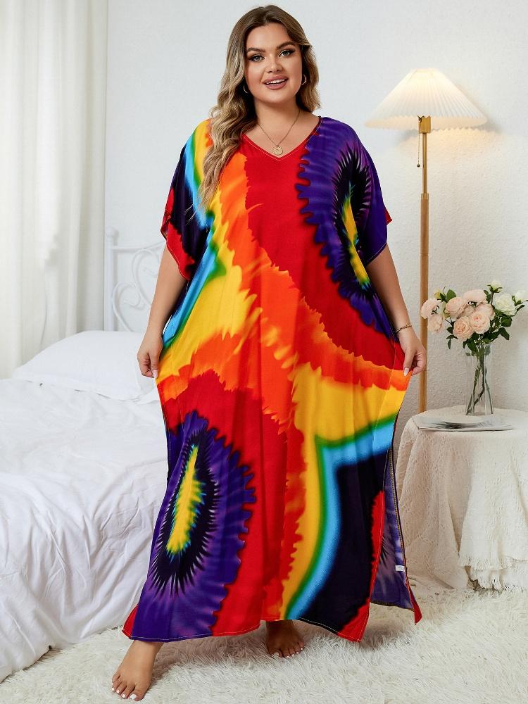 EDOLYNSA Plus Size Bohemian Printed V-neck Chic Women Long Dress Kaftan Vacation Swimsuit Cover-up House Robe Lounge Wear Moo Moo Dress