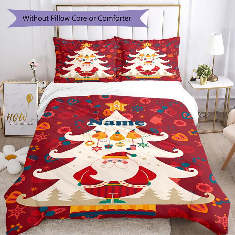 3pcs Custom Name Christmas Santa Claus Bedding Set Duvet Cover Closure Includes 1 Duvet Cover & 2 Pillowcases, Soft and Comfortable for All Seasons.