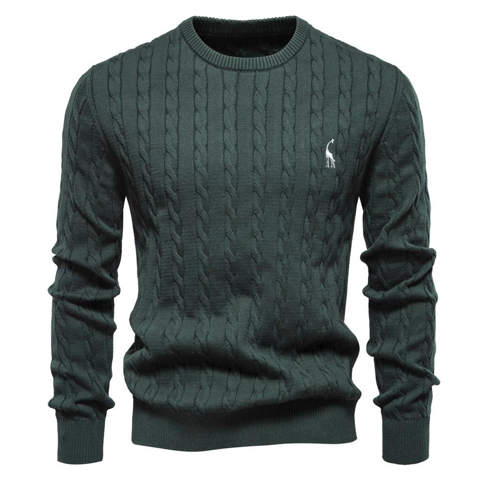 Men's Autumn Winter Solid Knitted Crew Neck Sweater Fashion Casual Deer Embroidery Pullover