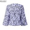 ZANZEA Women Casual V-Neck 3/4 Sleeve Loose Print Blouse