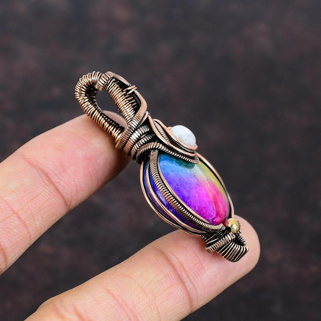 Подвеска Rainbow Solar Quartz Druzy, подвеска Rainbow Moonstone, подвеска из медной проволоки, обернутая драгоценным камнем, медные украшения для подарка, ювелирные изделия ручной работы
