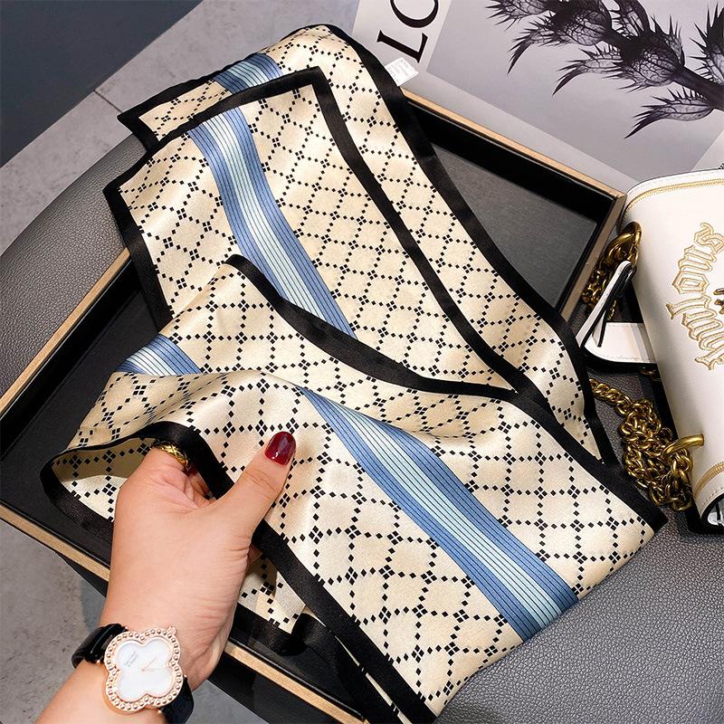 [Wholesale] Retro checkerboard silk silk scarf, small long mulberry silk scarf, women's versatile spring, autumn and winter thin scarf