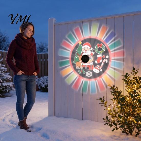Exterior Yard Decoration Solar Christmas Projector Wall Light, Outdoor Waterproof Decorative Patio Mounted Fixtures Holiday Metal Fence Lights