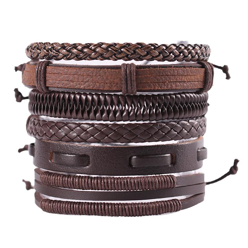 Retro Men's 5-Piece Adjustable Cross-Woven Leather Bracelet Set - National Style