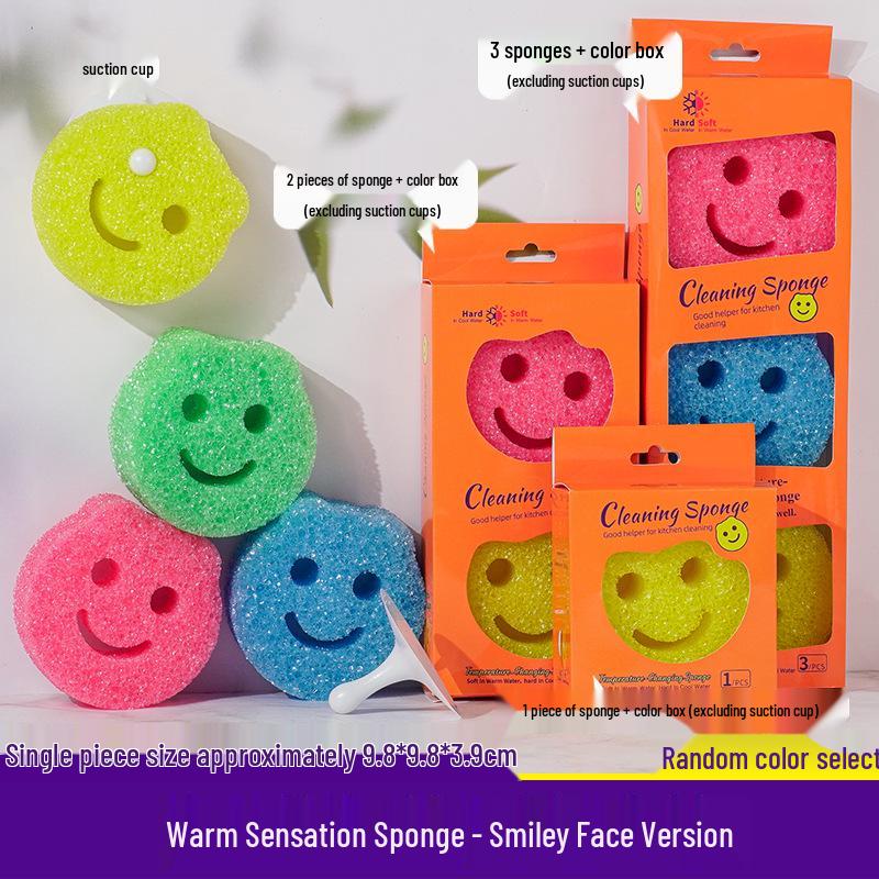 Cartoon Smiling Face Dishwashing Sponge Scrubber - Temperature-Sensitive Kitchen Cleaning Tool