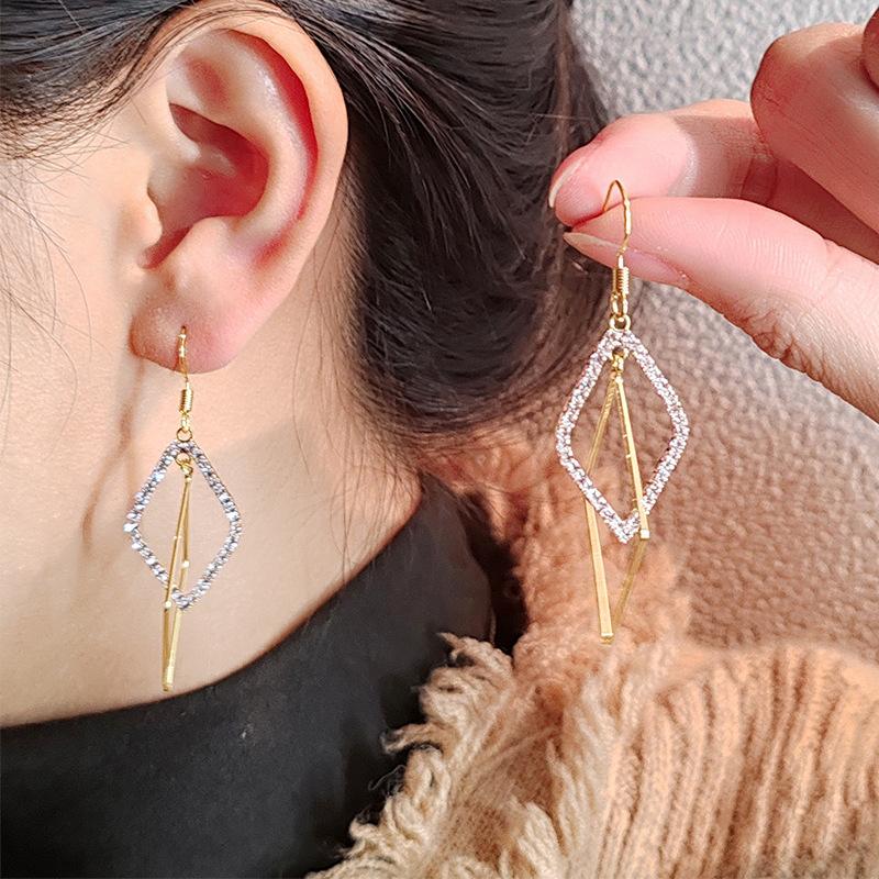 Корейский темперамент, бриллиантовая оправа, персонализированные серьги, женские длинные серьги-крючки с ромбом, универсальные женские украшения