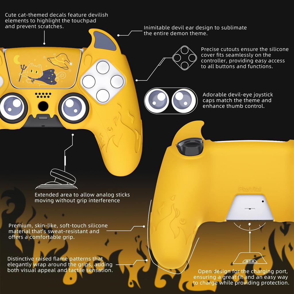 PlayVital Силиконовый Чехол-Защита для Геймпада PS5, Милый Дизайн, с Накладками на Стикеры для Больших Пальцев, Наклейка на Тачпад, (Демонический стиль) & (желтый)