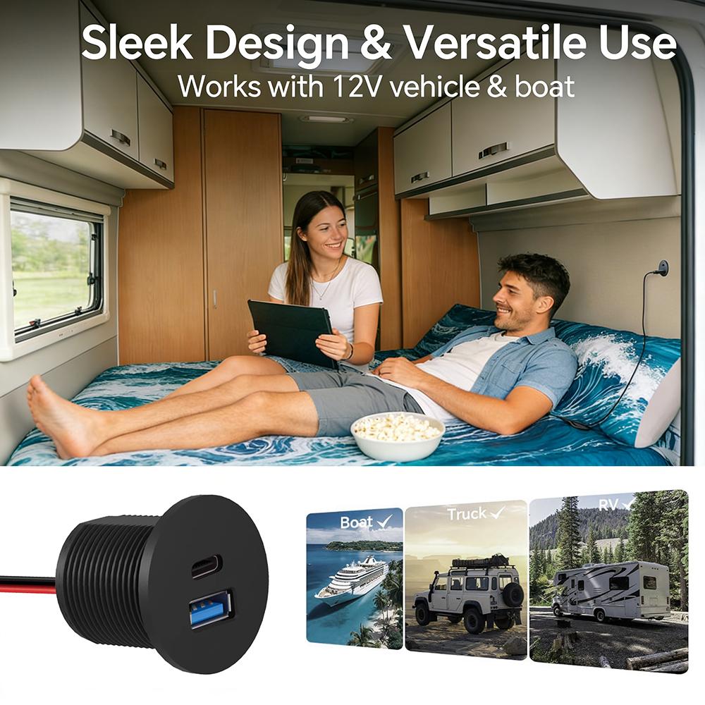 12V USB Outlet 30W PD Type-C & 18W QC3.0 Aluminum USB Charger Socket Dual Fast Charging Recessed Mount Replacement Car Charger