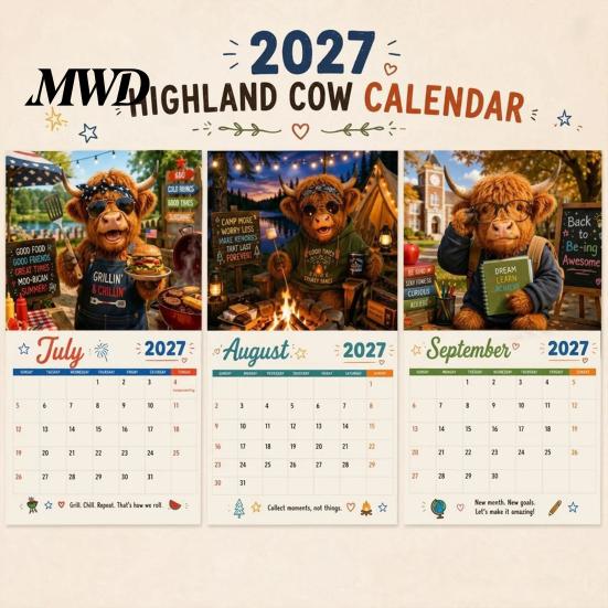 Office Wall Hanging Calendar 2027 Funny Highland Cow Calendar, Cute Farm Animal 12 Month Gift for Lovers Scottish Planner Rustic Home Decor Art Living