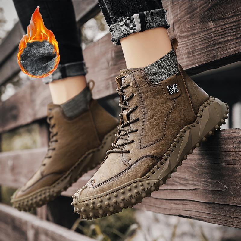 Классические зимние мужские ботинки из натуральной кожи, плюшевые теплые мужские зимние сапоги, непромокаемые уличные мужские рабочие ботинки в римском стиле, мужские мотоциклетные ботинки