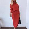 2 Pcs/Set Women Top Skirt Suit High Collar Neck Protection Long Sleeve Solid Color Elastic High Waist Mid-calf Length Skirt OL Commute Style