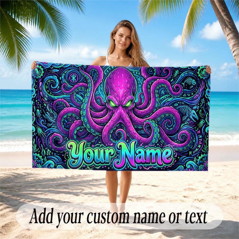 Octopus Sea Life Theme Soft Beach Towel Personalized Custom Name Text Towel Portable for Beach Pool Travel