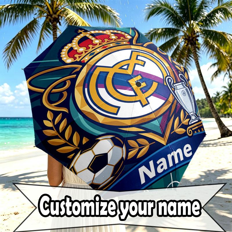 Custom Name Personalized Real Madrid CF Print Umbrella, Auto Open Close, 8‑Rib Sturdy Frame, Commute Camping Hiking Use, Birthday Gift