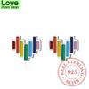 100 %925 Sterling Silver Christmas Gift Jewelry Rainbow Heart Stud Earrings For Women  Grils Female Pendientes Mujer Moda