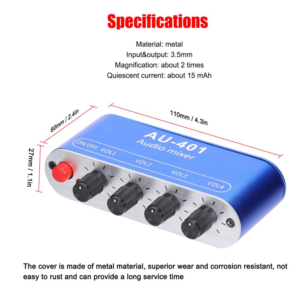 3.5mm Audio Mixer Stereo Audio Mixer 4 Input To 1 Output Individually Controls Sound Mixing Tool Headphones Amplifier