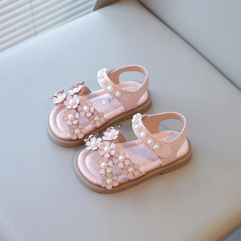 Летняя обувь для маленьких девочек с бусинами, милые детские цветочные сандалии принцессы, с открытым носком, противоскользящие, размеры 21-30, на липучке, богемный, милый