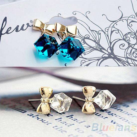 Women Shimmers Chic Bowknot Shiny Cube Rhinestone Ear Studs Cute Dangle Earrings