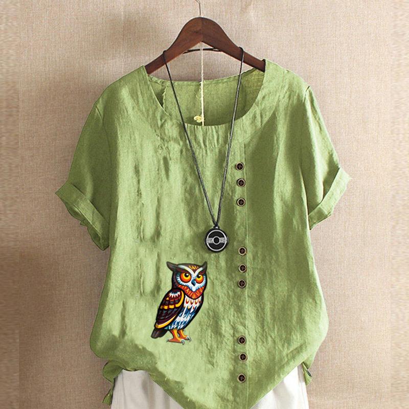 Women's Fashion Round Neck Short Sleeve T-shirt Casual Cotton Linen Graphic Shirt Leisure Loose Owl Print Prined Summer Blouse Tops