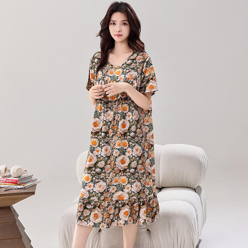Women's cotton and silk nightdress loose short-sleeved round neck large size medium and long skirt soft and breathable digital printing anti-bumping