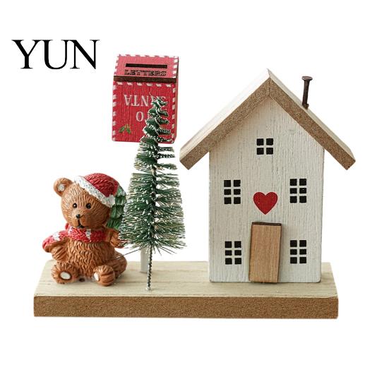 Nordic Style Christmas Scene Mini Village House Figurine, Winter Ornament with Snowman Hand Painted Wood Town Bear & Mailbox, Desktop Tabletop Holiday